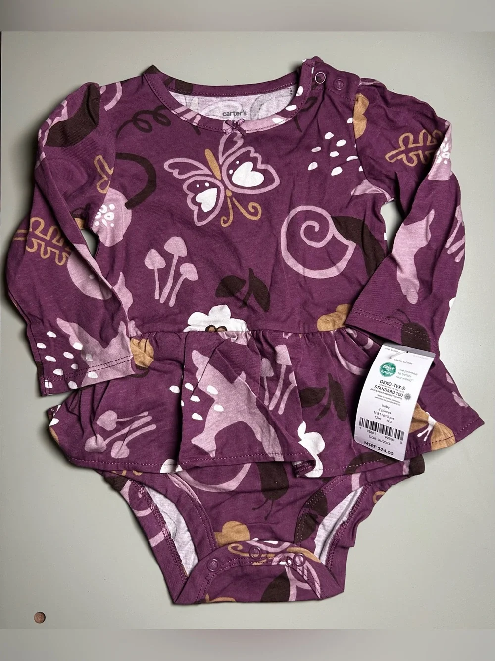 Carter’s Baby Girl 12M Purple Long Sleeve Body Suit w/ Butterfly & Botanicals